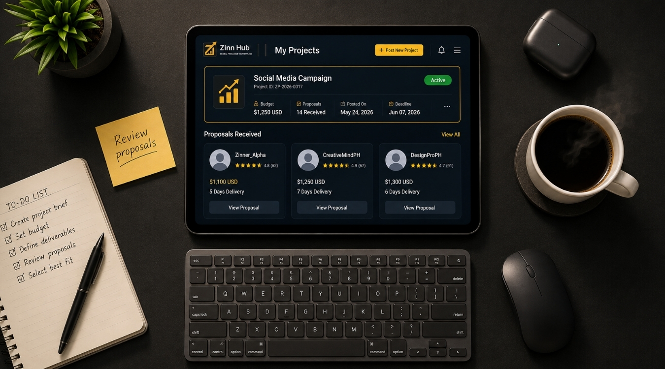 Top-down flat lay of Zinn Hub project dashboard on tablet with incoming freelancer proposals surrounded by keyboard mouse coffee and notebook on dark desk