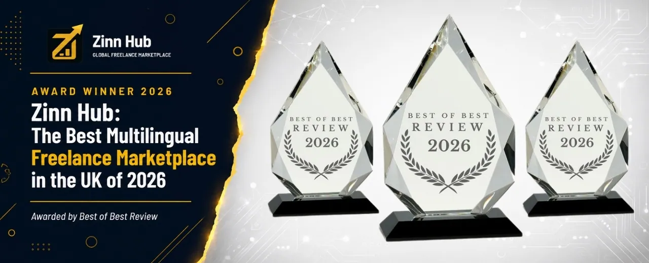 Zinn Hub Best Multilingual Freelance Marketplace United Kingdom 2026 award by Best of Best Review with dark editorial background and golden headline