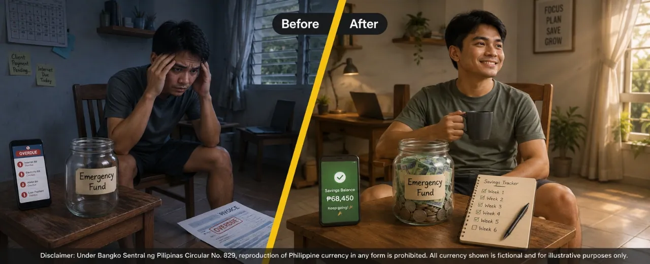 Split timeline composition showing Filipino freelancer stressed with empty emergency fund jar on the left and calm with full emergency fund jar on the right separated by a golden diagonal slash with Before and After labels