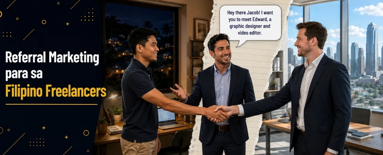 Filipino freelancer shaking hands with White European client across torn paper divider while Hispanic referrer introduces them with dialogue bubble in split home office and corporate office scene