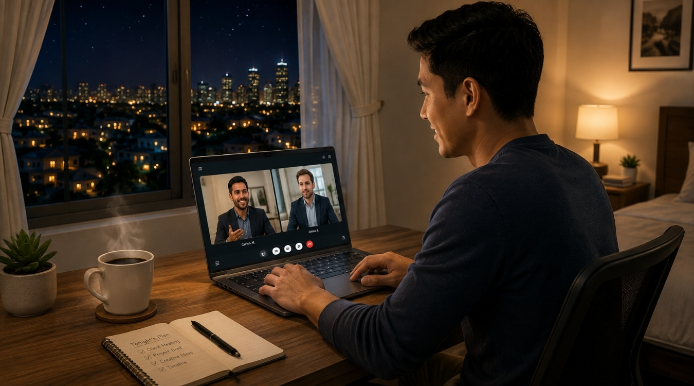Filipino freelancer in slight side view at home office desk at night with laptop screen showing fictional video call with Hispanic referrer and White European potential client with city view through window