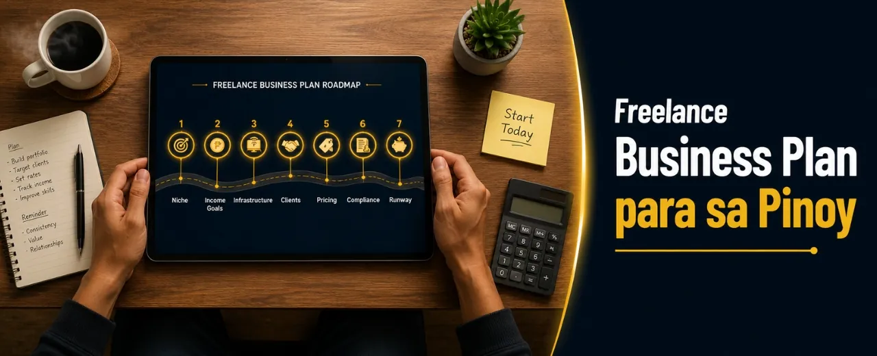 Top-down view of Filipino freelancer arms at desk with tablet showing seven-milestone freelance business plan roadmap with coffee mug notebook pen sticky note and calculator with dark navy headline panel on right