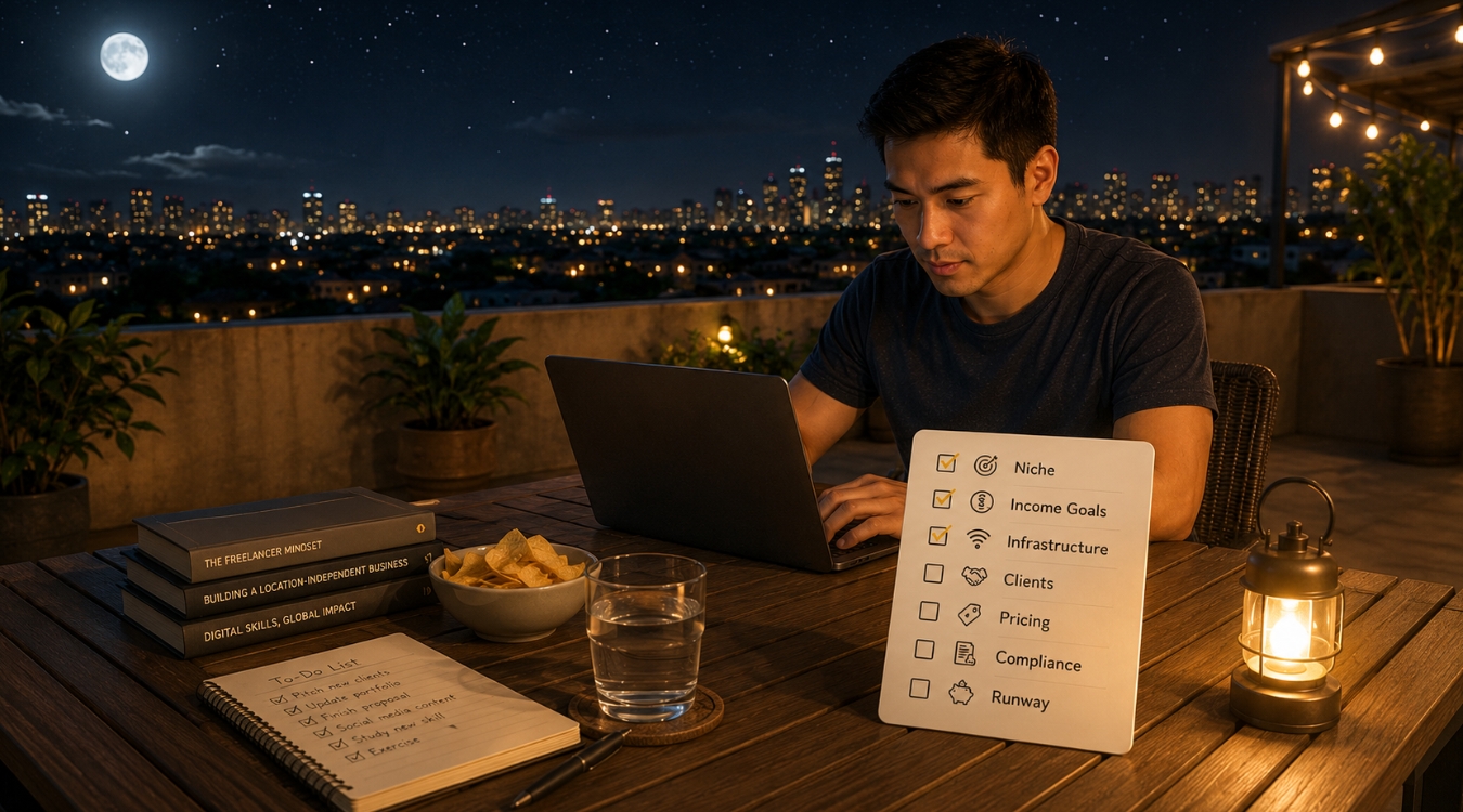 Filipino freelancer working on laptop at rooftop at night with seven-part business plan checklist showing first three items checked beside books to-do list chips and glass of water with city view and starry sky