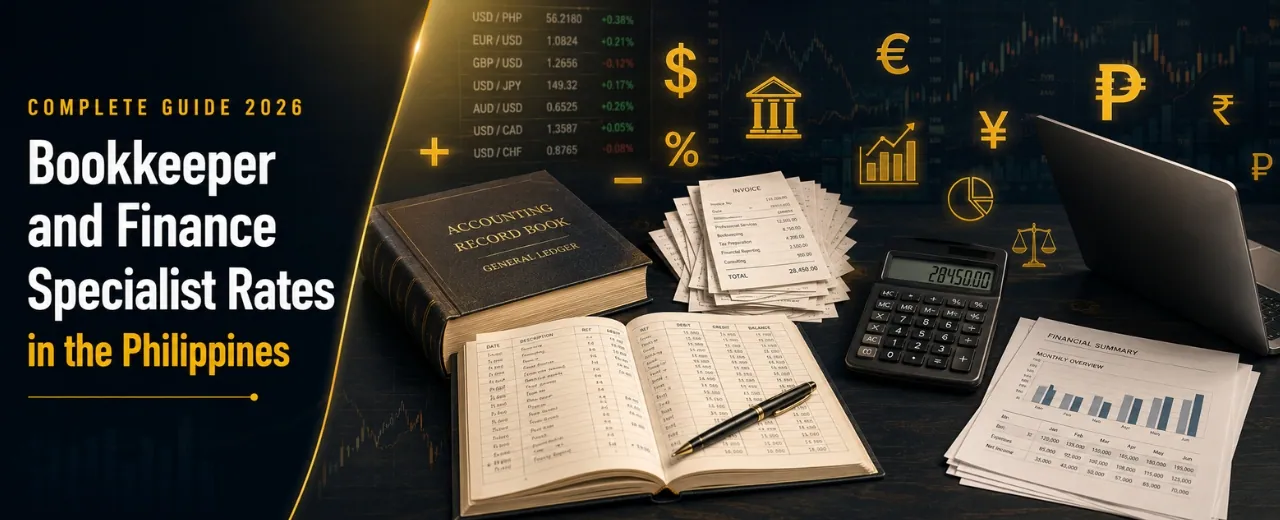 Bookkeeper and finance specialist rates Philippines 2026 with accounting ledger calculator receipts laptop and floating currency signs dollar euro pound peso yen on dark navy background