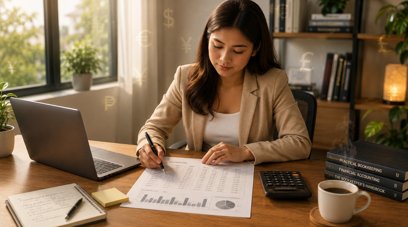 Filipino Filipina bookkeeper reviewing printed financial report at home office desk with laptop calculator coffee mug and finance books with subtle floating currency signs in background