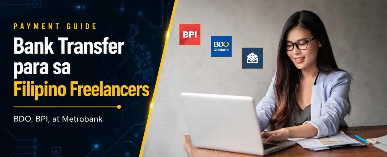 Filipina freelancer working on laptop at home office with BDO BPI and Metrobank logos representing international bank transfer options for Filipino freelancers