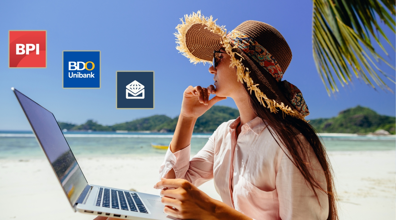 Filipina freelancer working on laptop at the beach with BDO BPI and Metrobank logos representing bank transfer payment options for Filipino freelancers