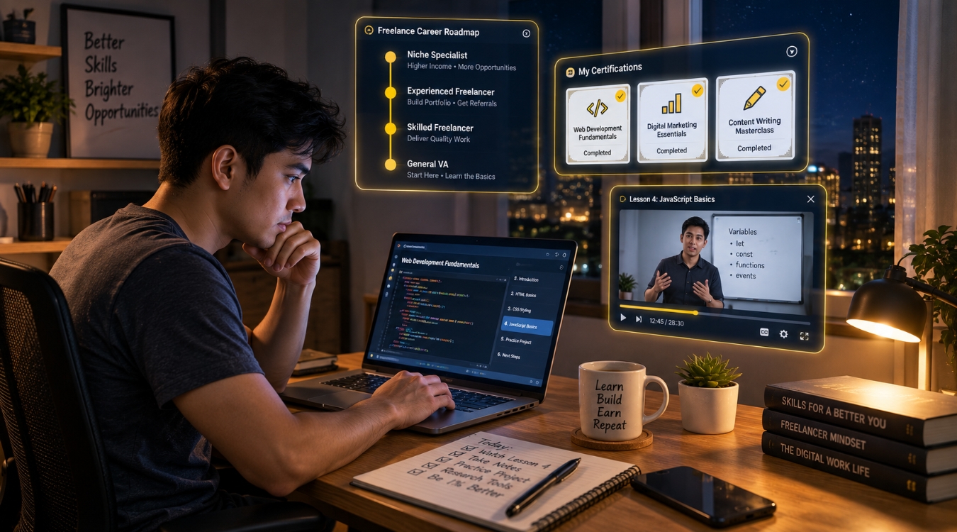 Filipino freelancer in slight side view using laptop at dim home office at night with three floating digital windows showing career roadmap certifications and video tutorial with city view outside