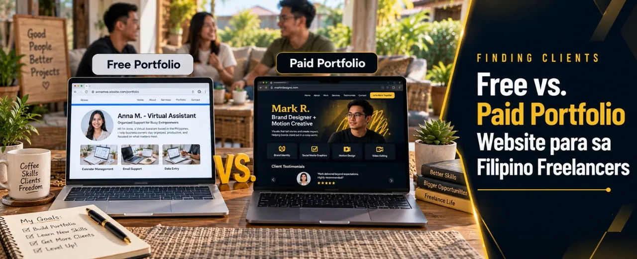 Flat lay aerial view comparison of free vs paid portfolio workspace for Filipino freelancers with golden yellow measuring tape divider