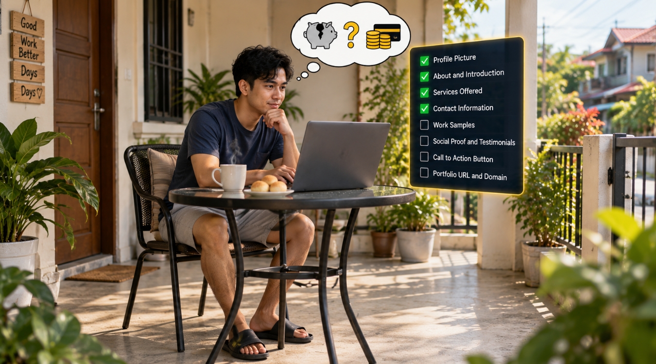 Filipino freelancer working on laptop at home porch with floating portfolio checklist and free vs paid thinking bubble