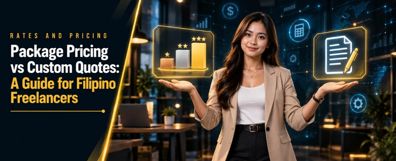Filipina freelancer presenting package pricing and custom quotes holographic icons against dark digital technology background