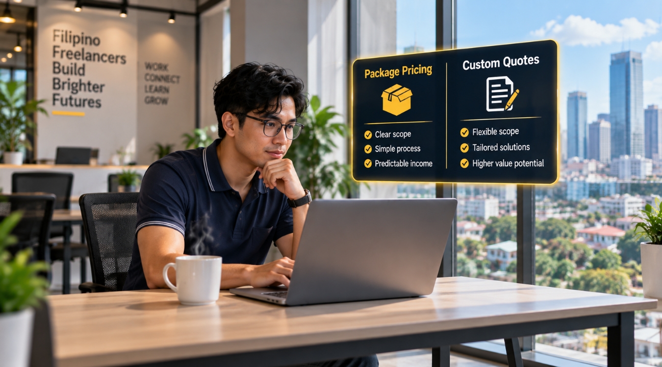 Top-down flat lay of package pricing and custom quotes printed cards with hands writing notes in notebook on minimal desk