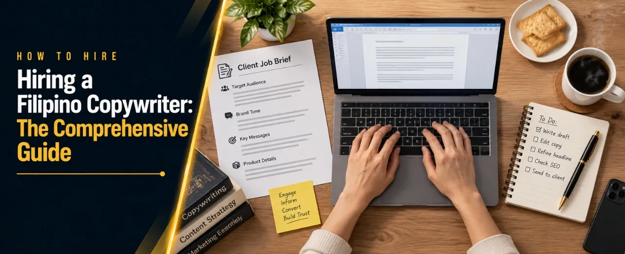 Top-down view of woman typing copywriting work on laptop with client job order printed brief and desk objects