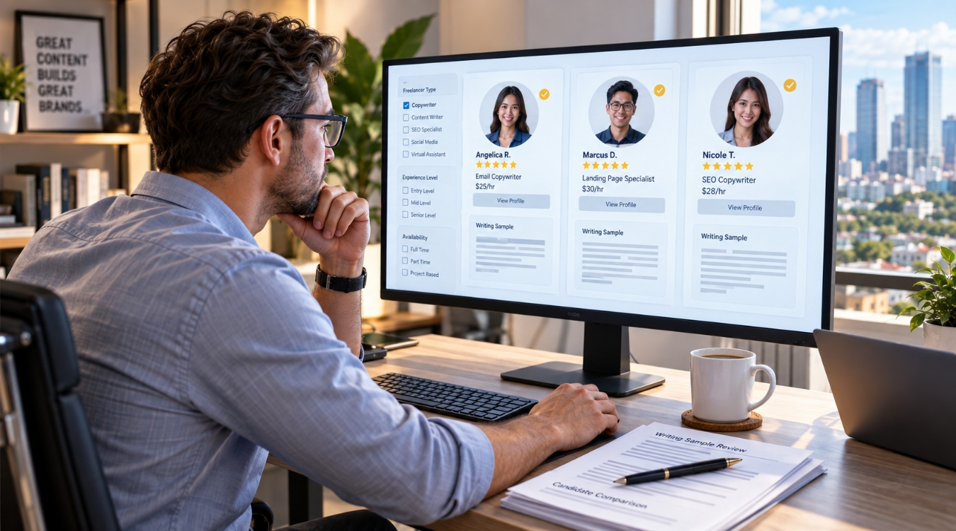 International buyer reviewing Filipino copywriter profiles and writing samples on monitor screen at modern office desk