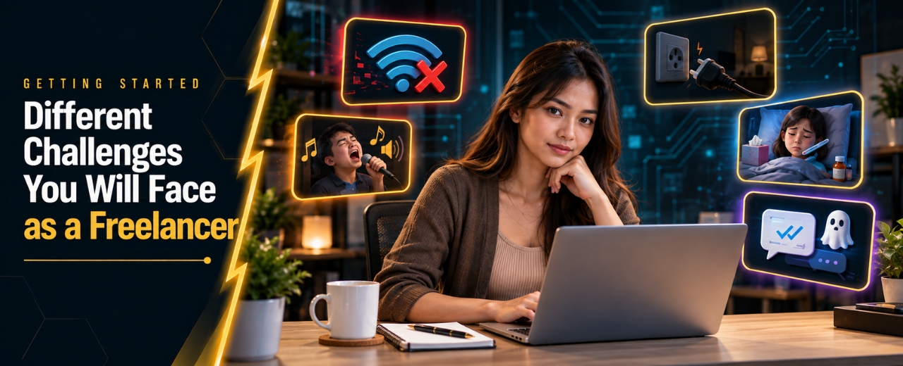 Filipina freelancer at desk surrounded by five floating digital challenge cards showing internet loss brownout noisy neighbor illness and ghosting client