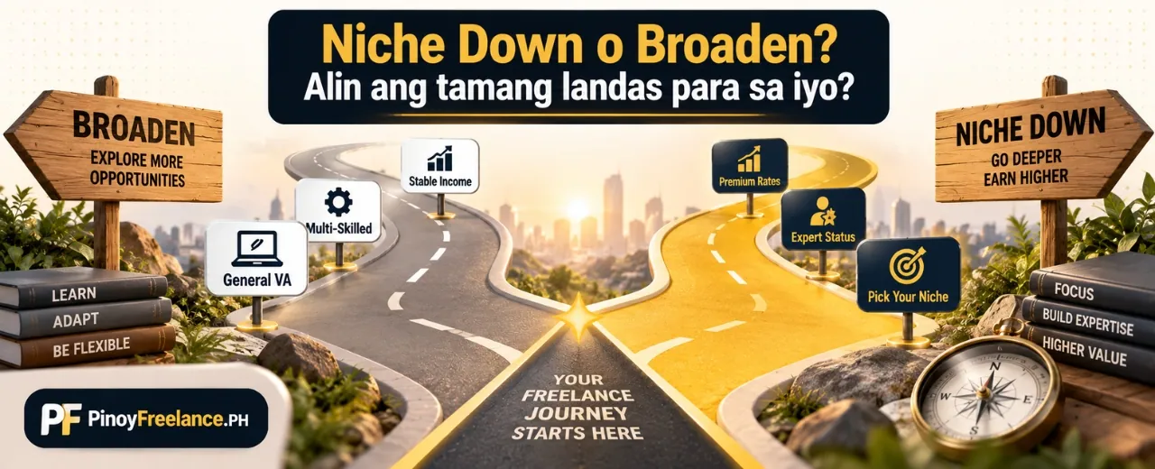 Career crossroads illustration showing two freelancing paths niche down road and broaden road with milestone cards