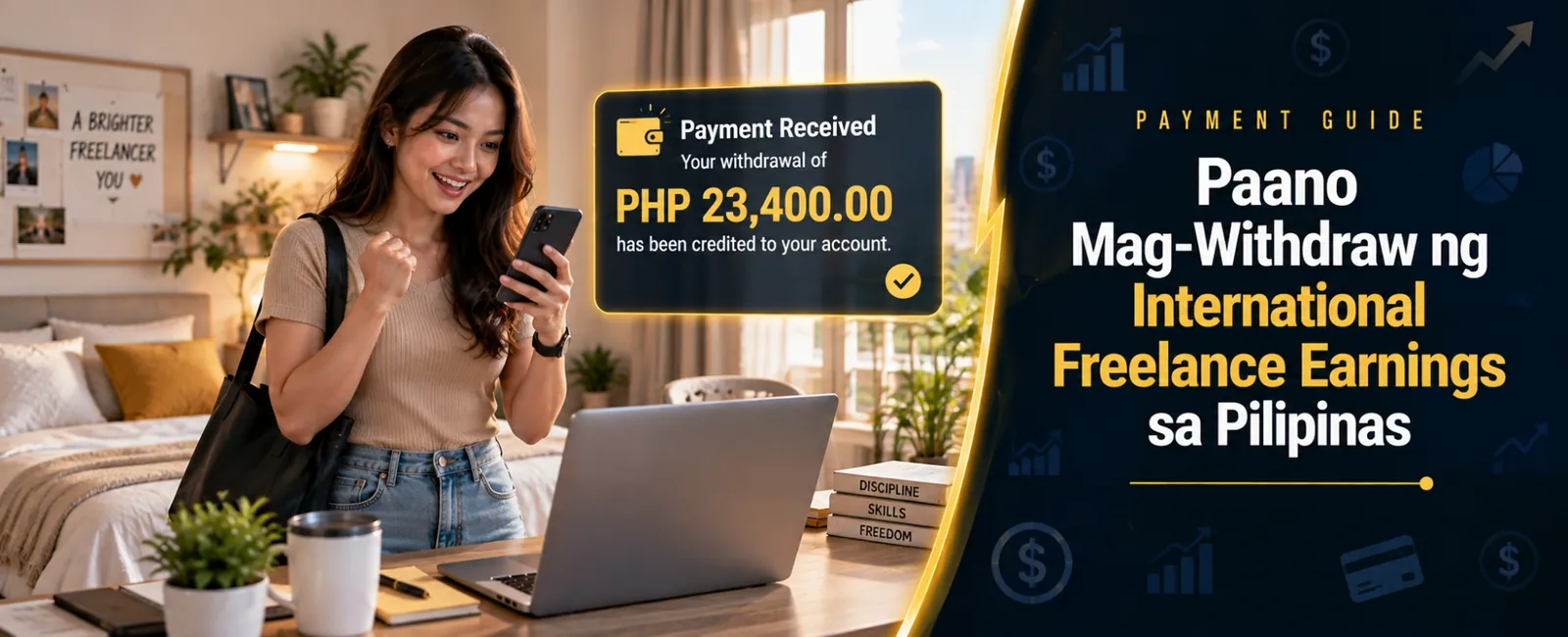 Paano Mag-Withdraw ng International Freelance Earnings sa Pilipinas: Pinakamadali at Pinakamurang Paraan 1 Filipina freelancer standing with shoulder bag holding smartphone receiving PHP 23400 withdrawal notification in minimalist bedroom home office