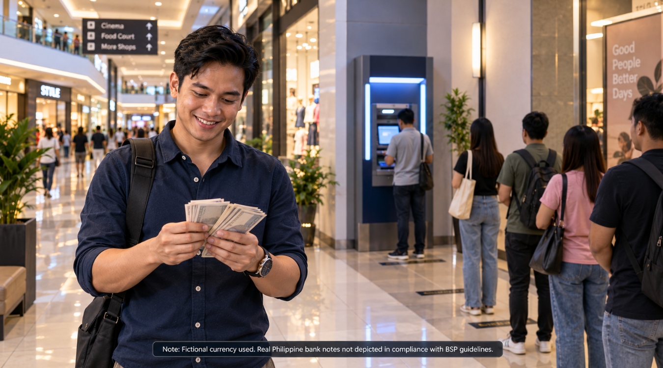 Paano Mag-Withdraw ng International Freelance Earnings sa Pilipinas: Pinakamadali at Pinakamurang Paraan 2 Filipino freelancer happily counting withdrawn cash at Philippine mall ATM with orderly queue maintaining proper distance in background
