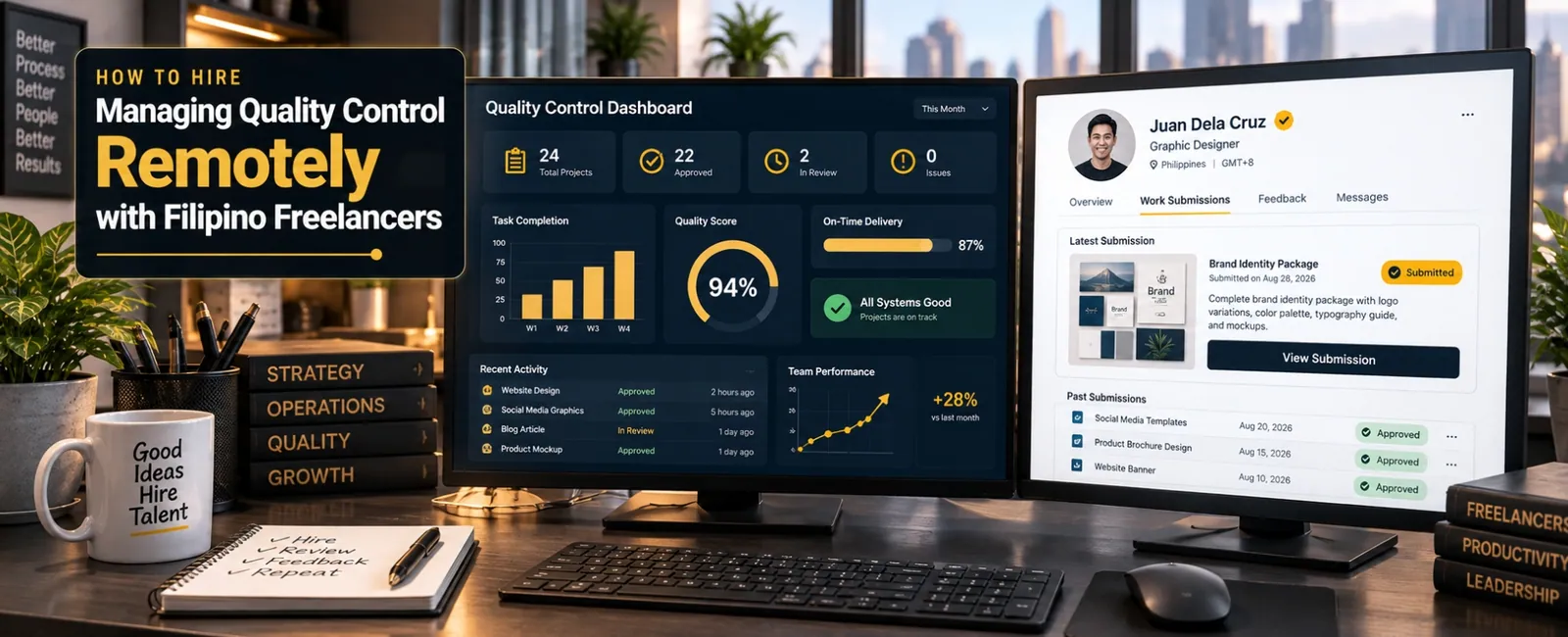 Managing Quality Control Remotely: A Complete Guide for International Buyers Hiring Filipino Freelancers 1 International buyer monitoring Filipino freelancer quality control remotely using dual monitor setup showing fictional QC dashboard and freelancer profile