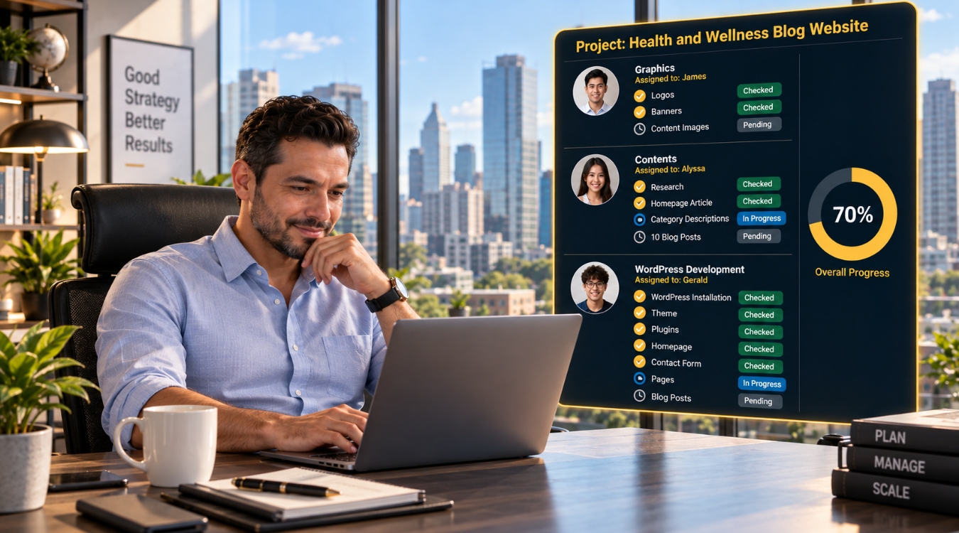 Managing Quality Control Remotely: A Complete Guide for International Buyers Hiring Filipino Freelancers 2 Hispanic client working on laptop in glass wall office monitoring Filipino freelancer team quality control with floating project checklist showing James Alyssa and Gerald task statuses and 70 percent progress