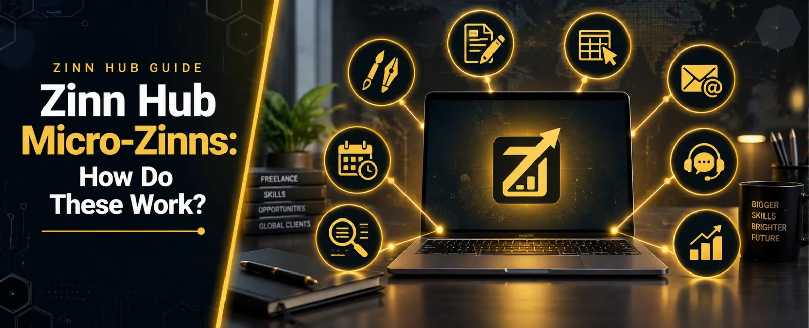 Zinn Hub Micro-Zinns: What They Are, How They Work, and Why Every Filipino Freelancer Should Have One 1 Zinn Hub Micro-Zinns laptop display surrounded by freelance niche icons for graphic design content writing data entry email scheduling research customer support and social media