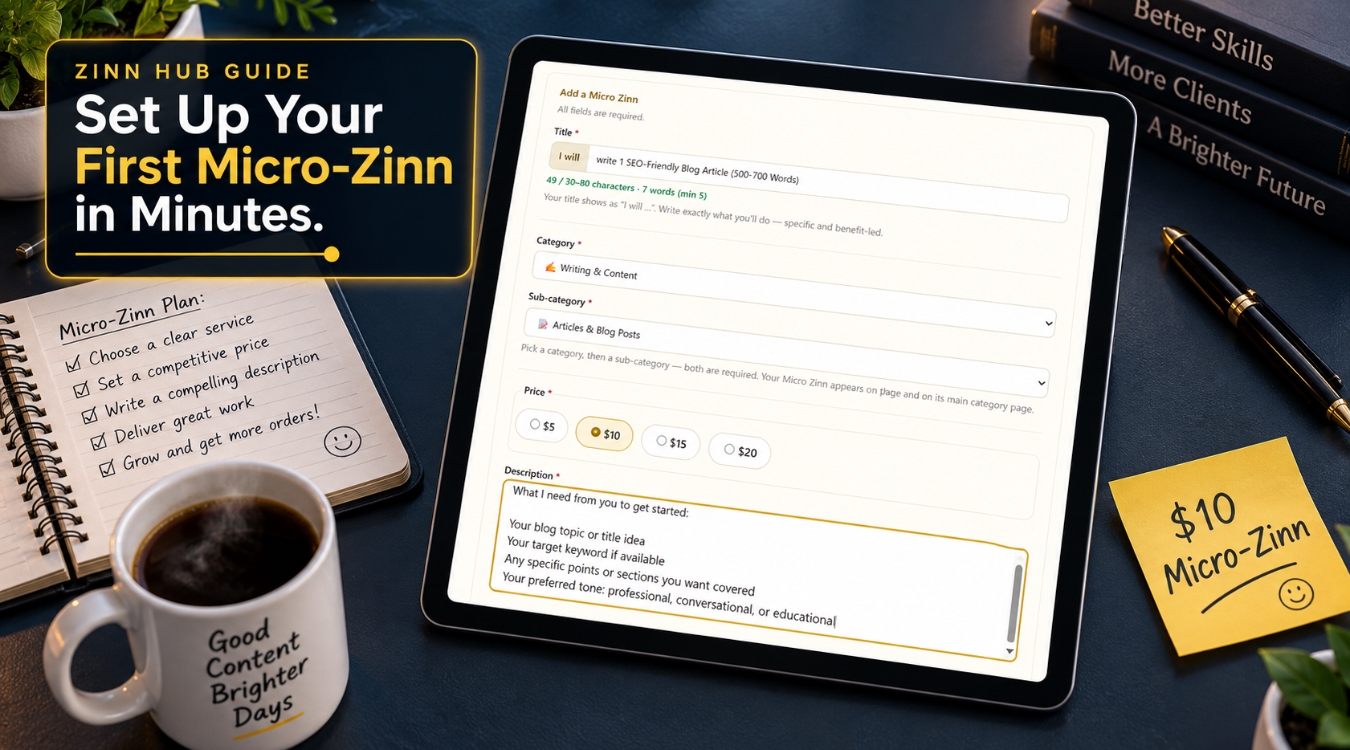 Zinn Hub Micro-Zinns: What They Are, How They Work, and Why Every Filipino Freelancer Should Have One 2 Micro-Zinn creation form displayed on tablet on dark navy desk with notebook pen coffee mug and sticky note showing first Micro-Zinn listing setup