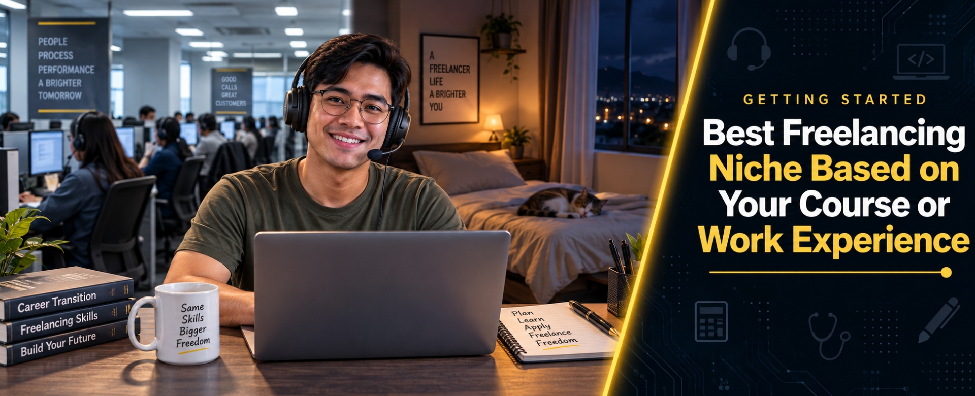 Filipino freelancer with noise-cancelling headphone smiling at viewer with BPO office and minimalist bedroom split background representing best freelancing niche based on work experience