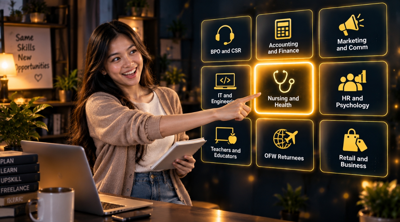 Filipina freelancer pointing at glowing nursing and health niche card among nine floating career cards representing best freelancing niche based on course and work experience