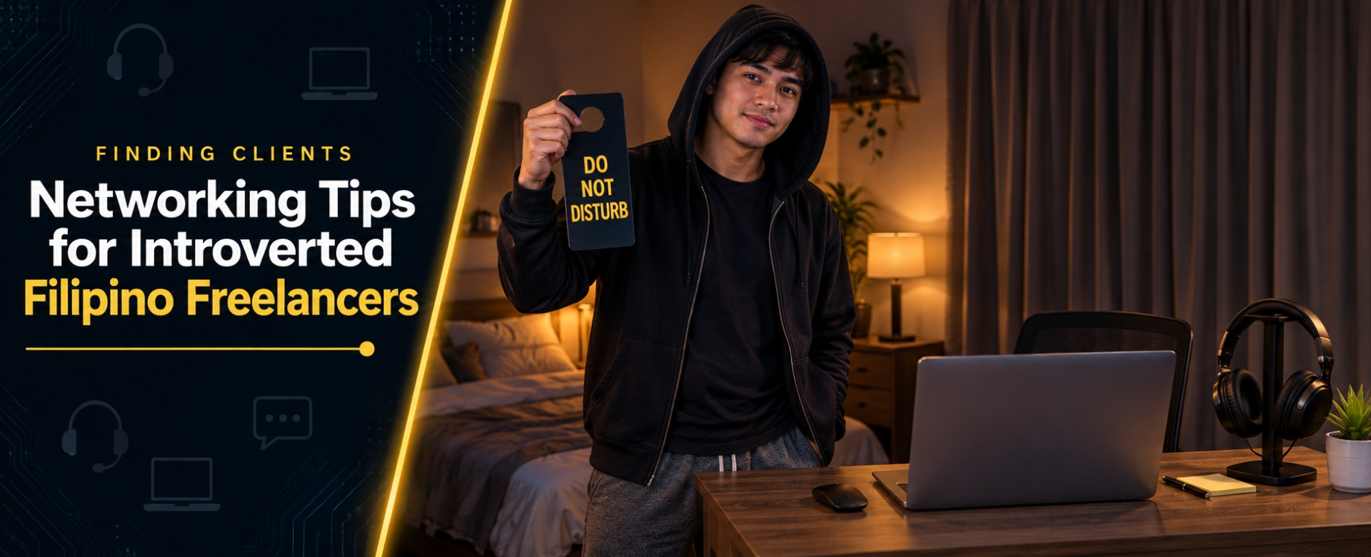 Introverted Filipino freelancer in hoodie holding Do Not Disturb sign beside minimal home office desk with laptop and noise-cancelling headphone symbolizing readiness for remote work but not for socializing