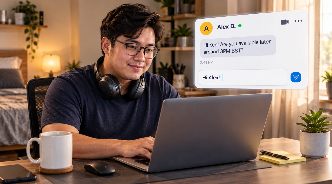 Filipino freelancer with eyeglasses and headphone around neck composing reply to client Alex B on floating messaging panel while working on laptop in minimalist home office