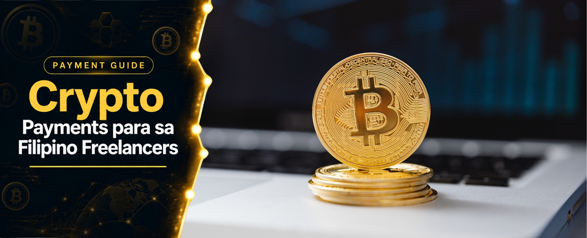 Physical bitcoin coin standing on laptop symbolizing Filipino freelancer ready to receive crypto payment from international client