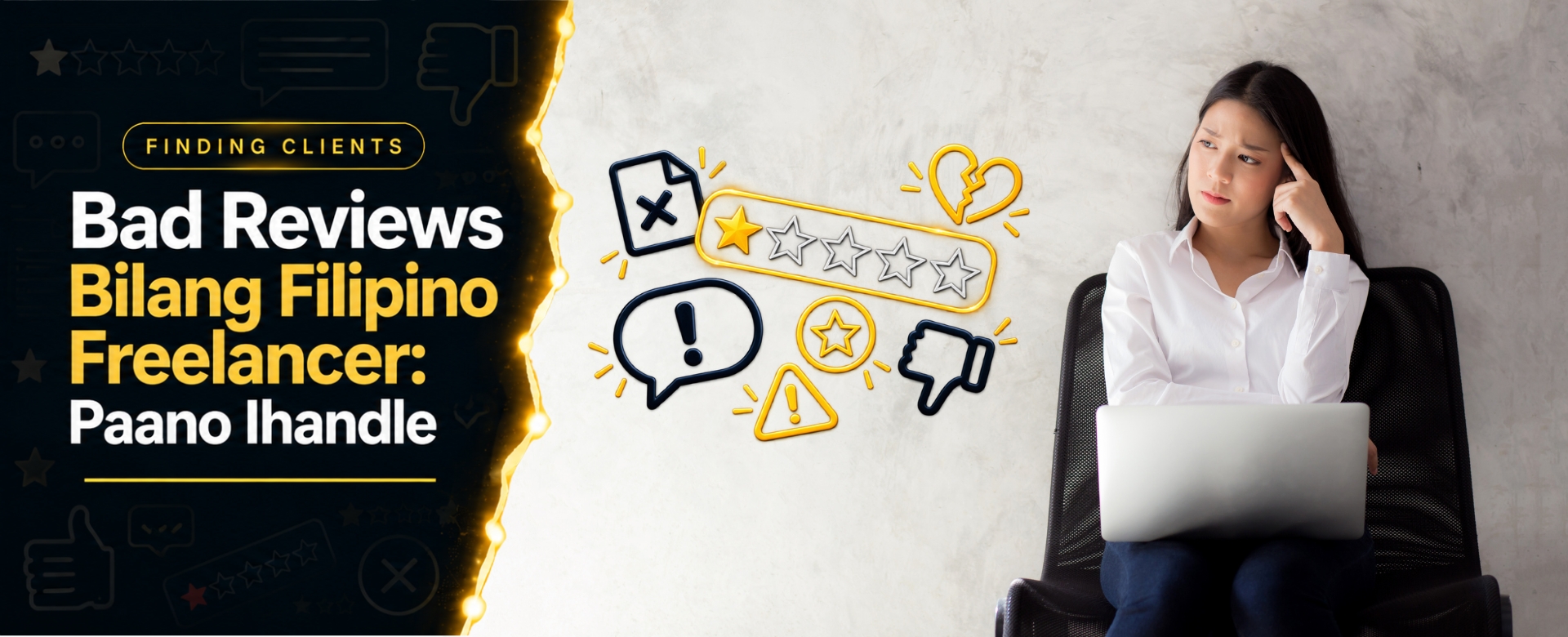 Filipino freelancer with sad expression receiving bad review from client showing how to handle negative feedback professionally