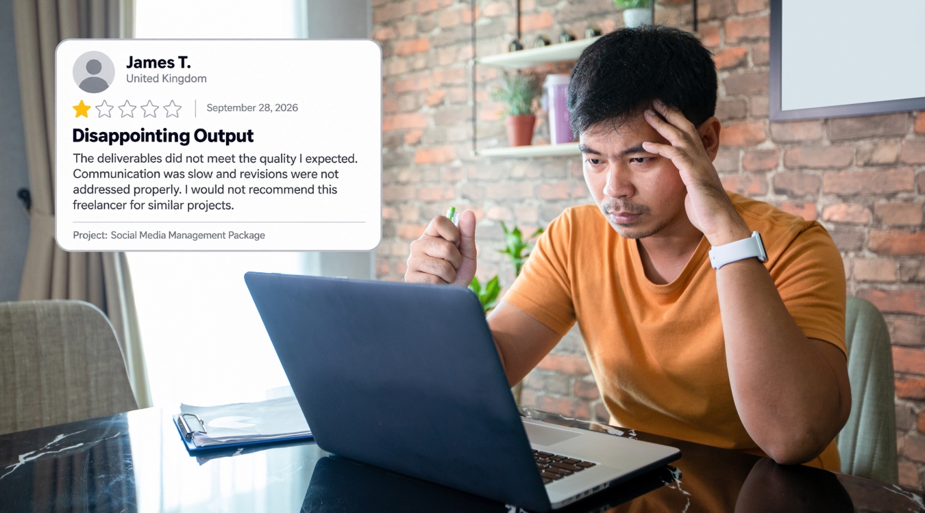 Filipino freelancer working at home office with problematic expression after receiving 1 star bad review from international client on screen