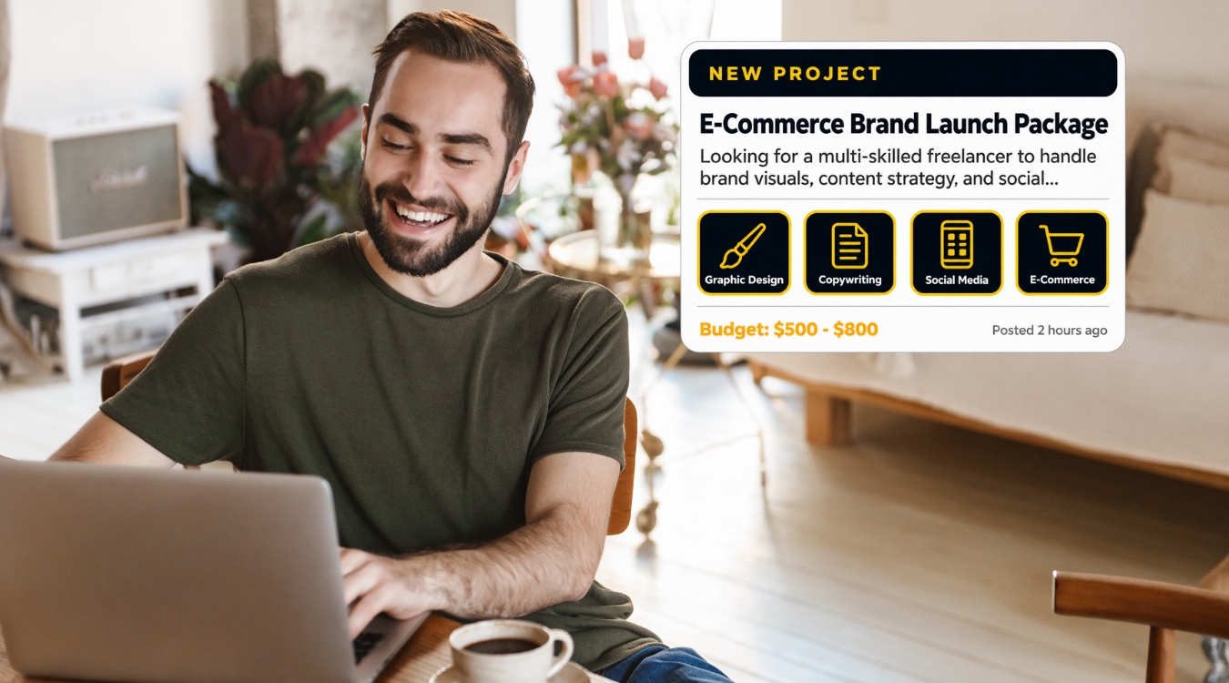 Foreign client browsing multi-niche Filipino freelancers on laptop with sample e-commerce brand launch project card showing graphic design copywriting and social media skills