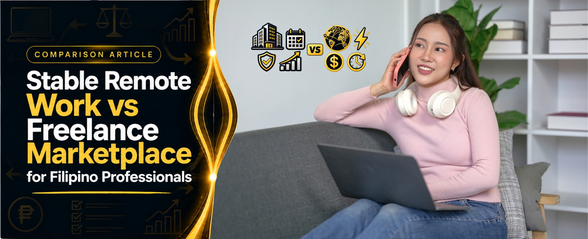 Filipina freelancer sitting on sofa using laptop for stable remote job while talking on phone to accept freelance marketplace task from international client