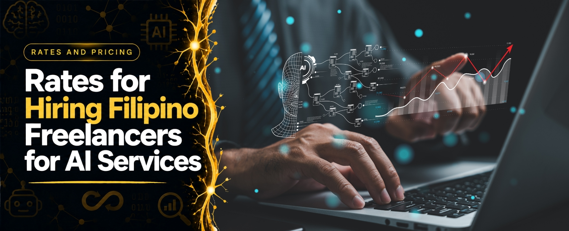 Filipino freelancer working on laptop with holographic AI activities and progress charts showing rates for hiring Filipino freelancers for AI services