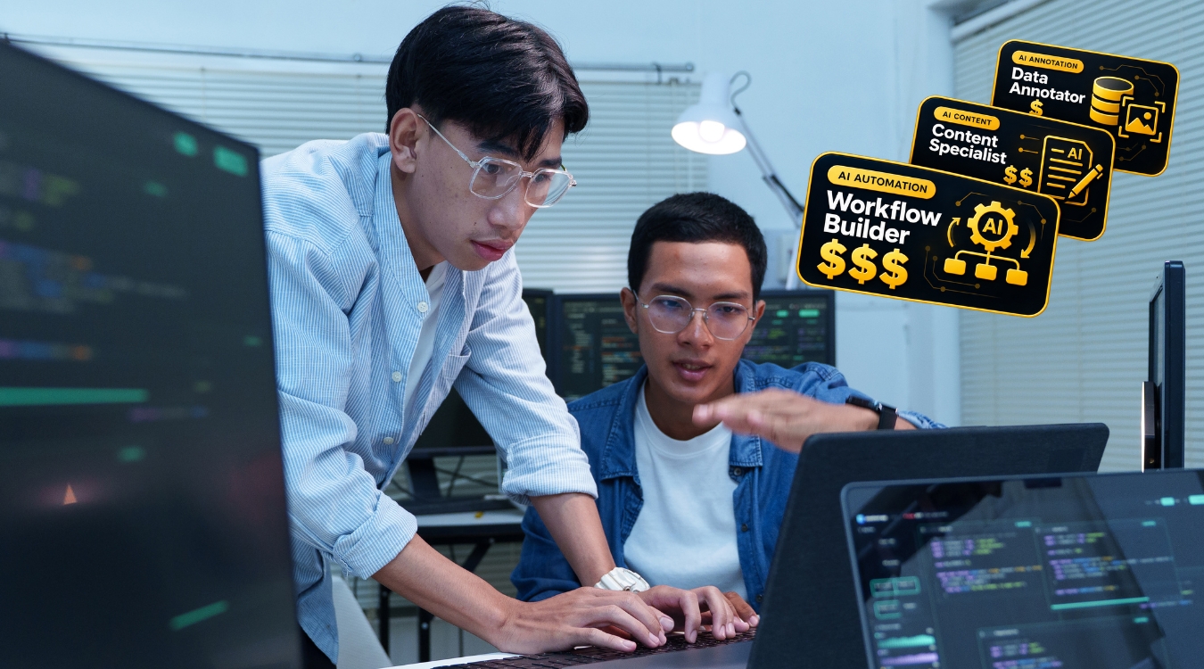Two Filipino AI freelancers collaborating at desk with one demonstrating AI workflow to colleague and service rate card stack overlay on right side