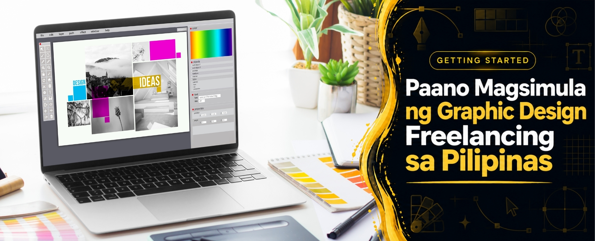 Home office graphic design setup with laptop showing Photoshop color analysis panel and pen tablet for Filipino freelance graphic designer