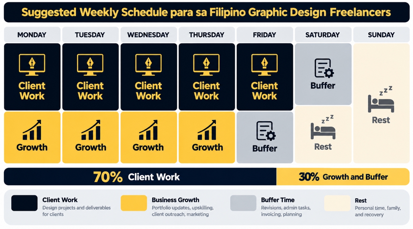 Weekly schedule chart showing suggested buffer strategy for Filipino freelance graphic designers with client work growth and rest time blocks