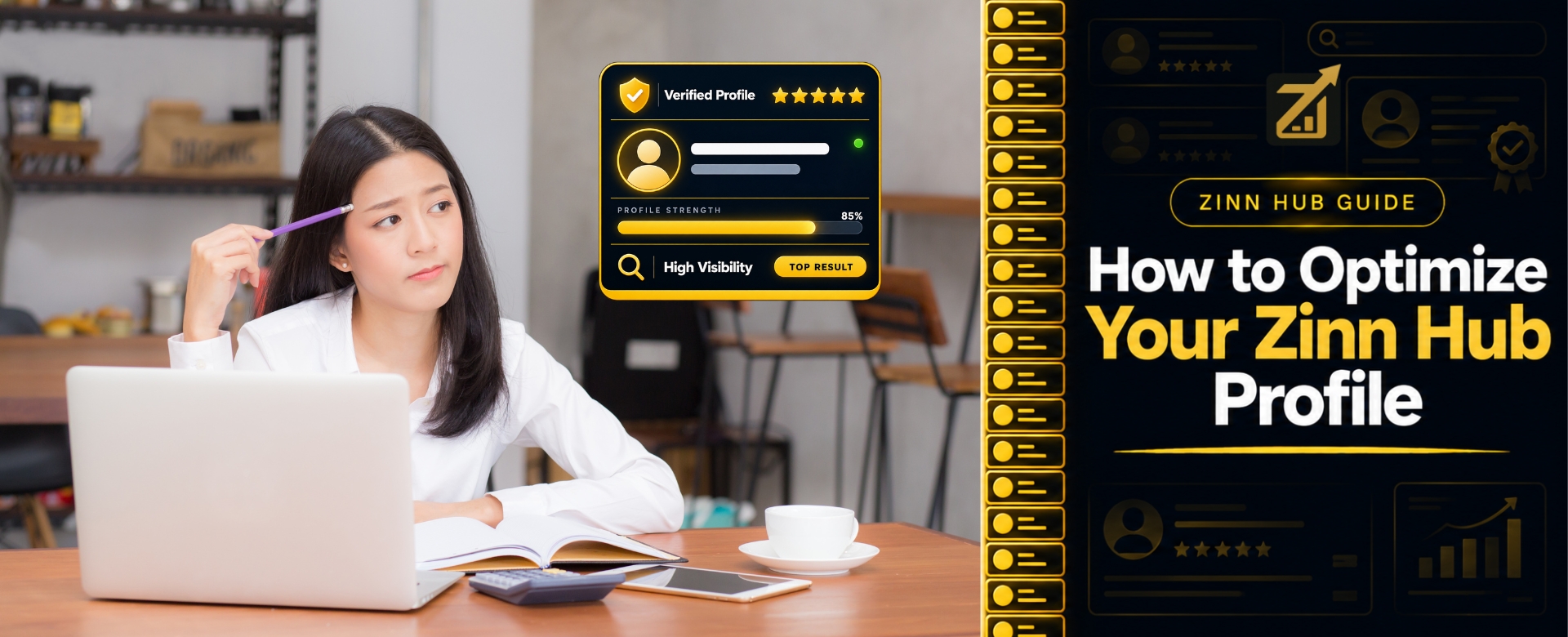 Filipina freelancer setting up and optimizing her Zinn Hub profile on laptop while thinking with profile optimization score card showing verified badge five star rating and high visibility indicator