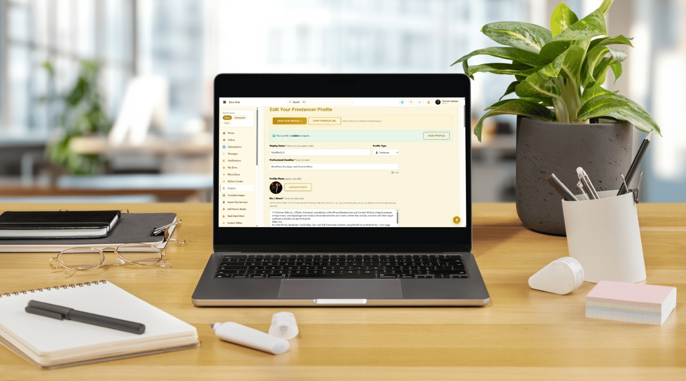 Home office laptop screen displaying real Zinn Hub freelancer profile dashboard showing profile optimization settings for Filipino freelancers