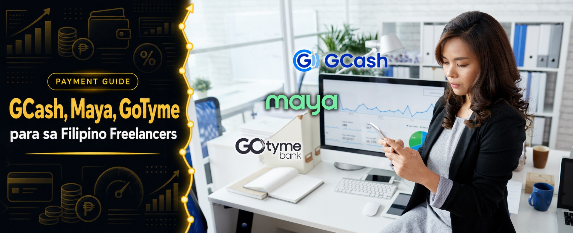 Filipina freelancer pausing from her home office desktop with accounting report to check her smartphone with floating GCash Maya and GoTyme logos beside her