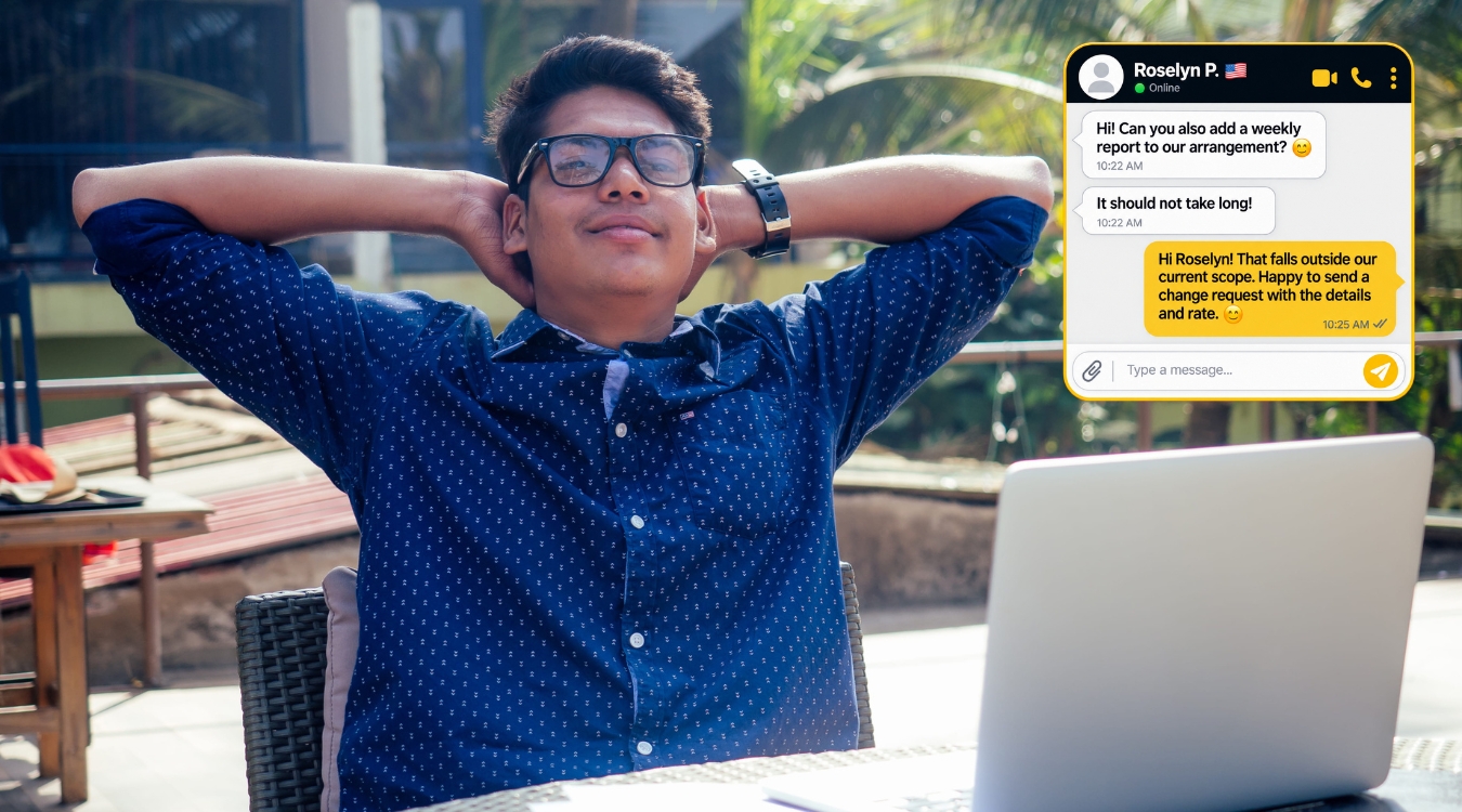 Filipino freelancer working outdoors with relaxed confident expression while chat window beside him shows professional and polite scope creep decline response to client Roselyn P. with change request redirect