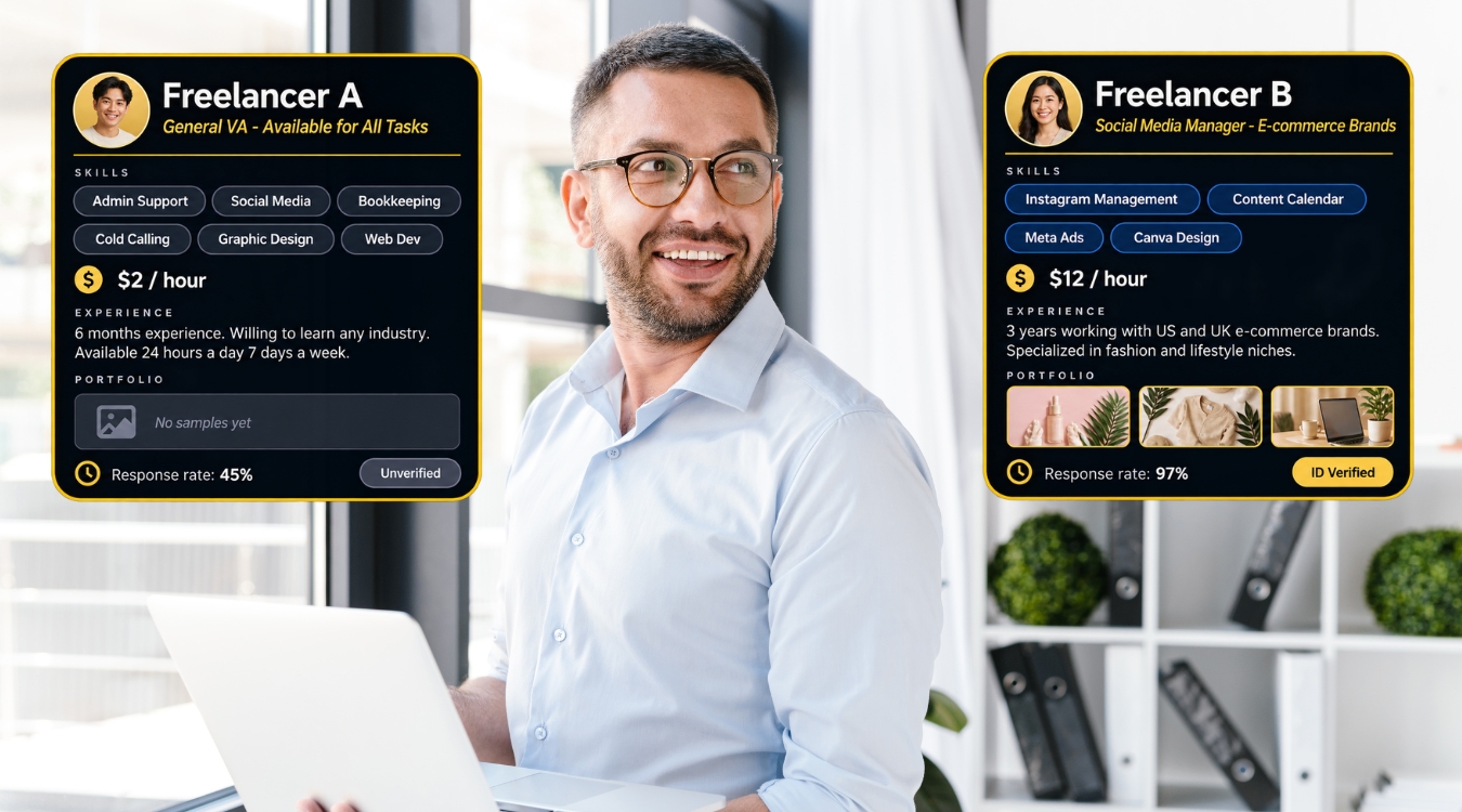 International buyer comparing two Filipino freelancer profile cards showing red flag and green flag candidate differences