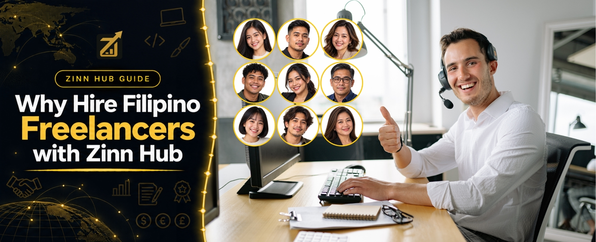 International buyer giving thumbs up at office desk with diverse Filipino freelancer profile pictures representing Zinn Hub talent pool