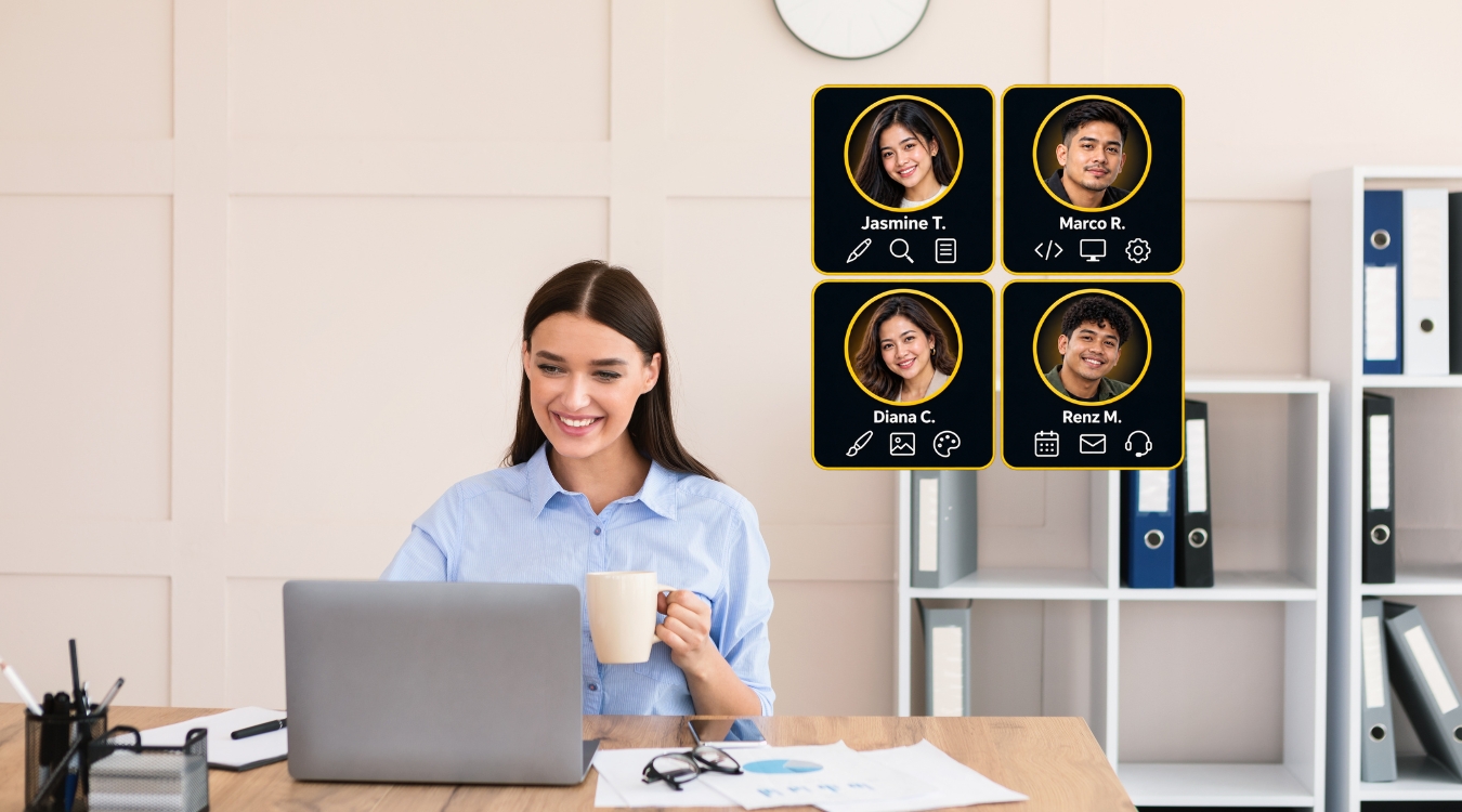 Foreign female buyer browsing Zinn Hub on laptop with Filipino freelancer profile cards showing different niches including content writing web development graphic design and virtual assistance