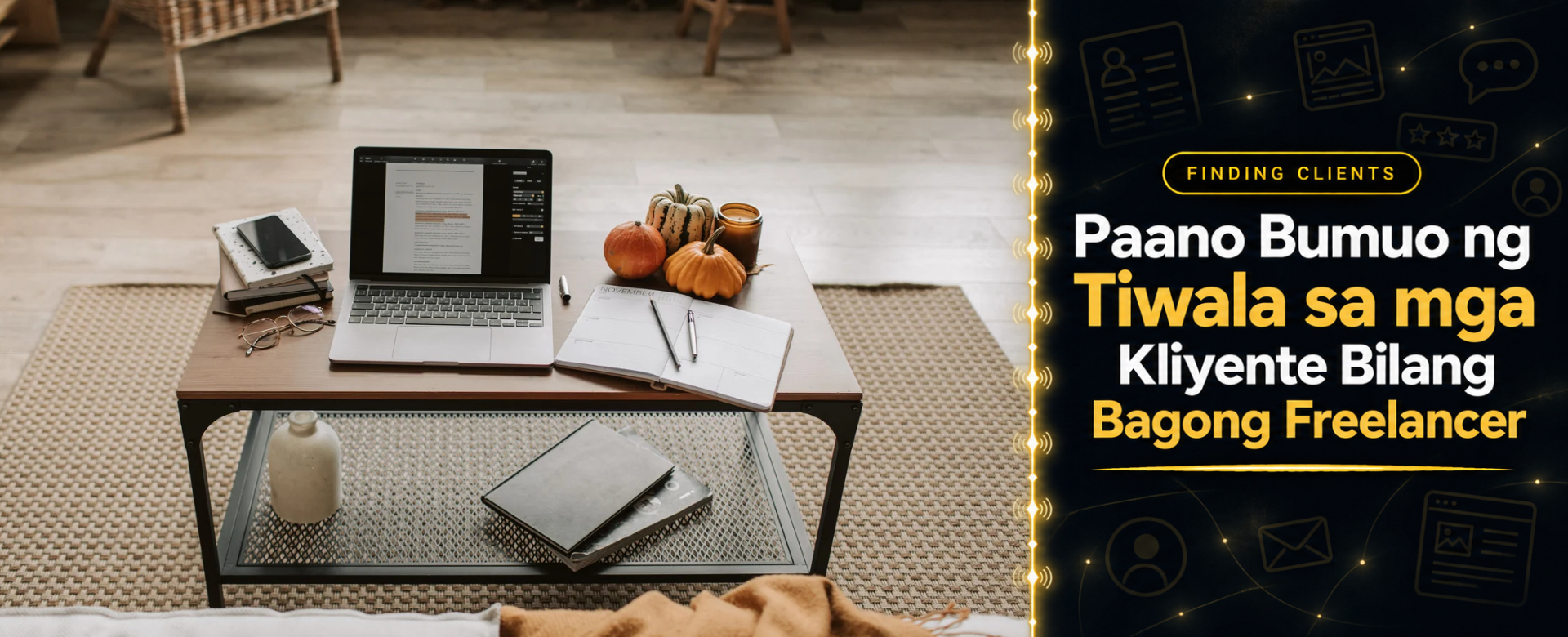 Beginner Filipino freelancer workspace on coffee table with laptop displaying curriculum vitae planner phone and books with no person in the image