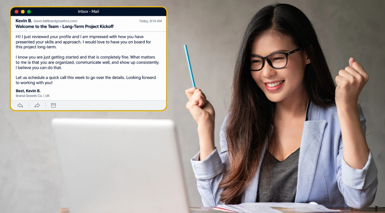Filipina freelancer showing happy success reaction while reading onboarding email from international client Kevin B. for a long-term project