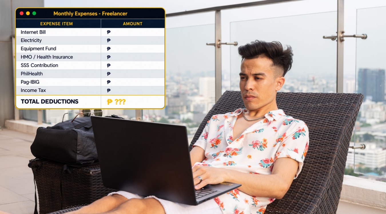 Filipino freelancer confidently presenting rate proposal to international client during video call while laptop shows peso and dollar rate calculations