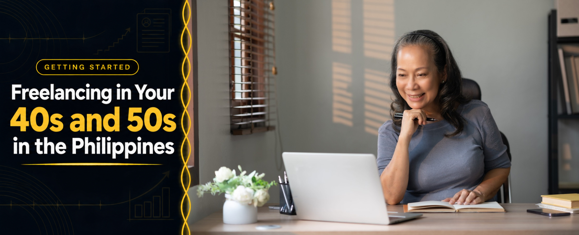 Filipina freelancer in her 50s taking notes on freelancing tips in front of laptop at home